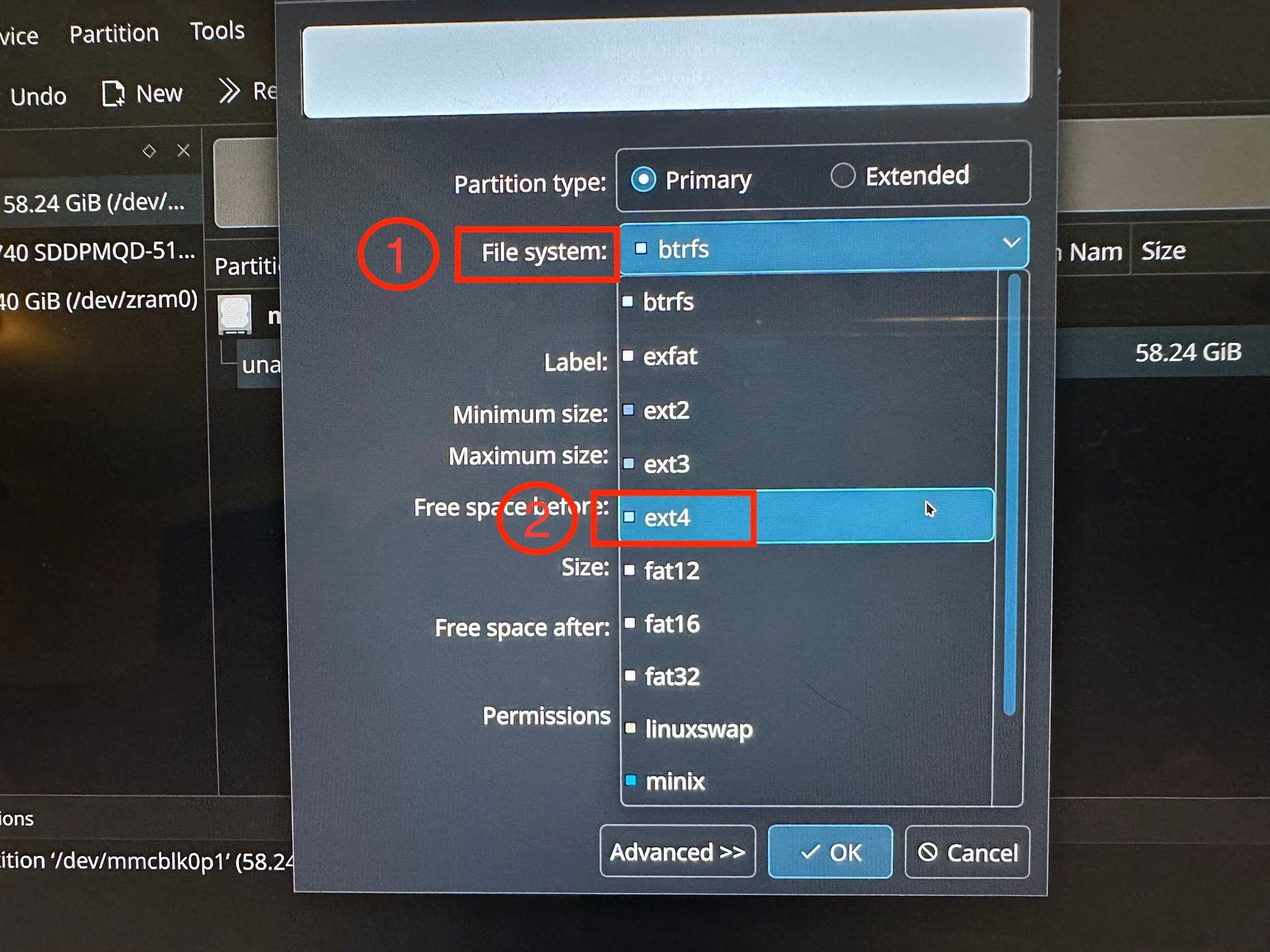 Choisir le type de partition dans KDE.