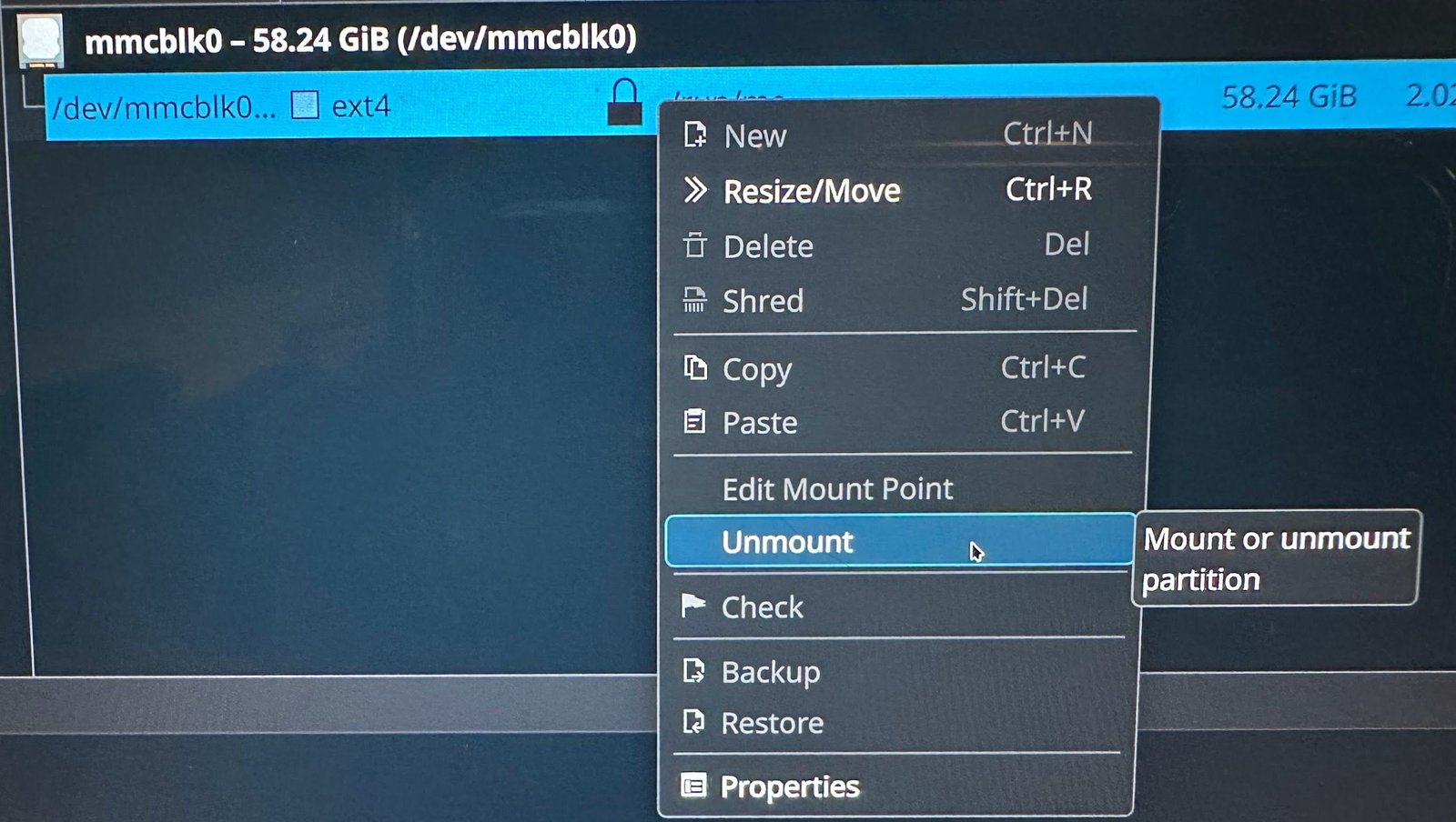 Démarrage d'une partition dans KDE.