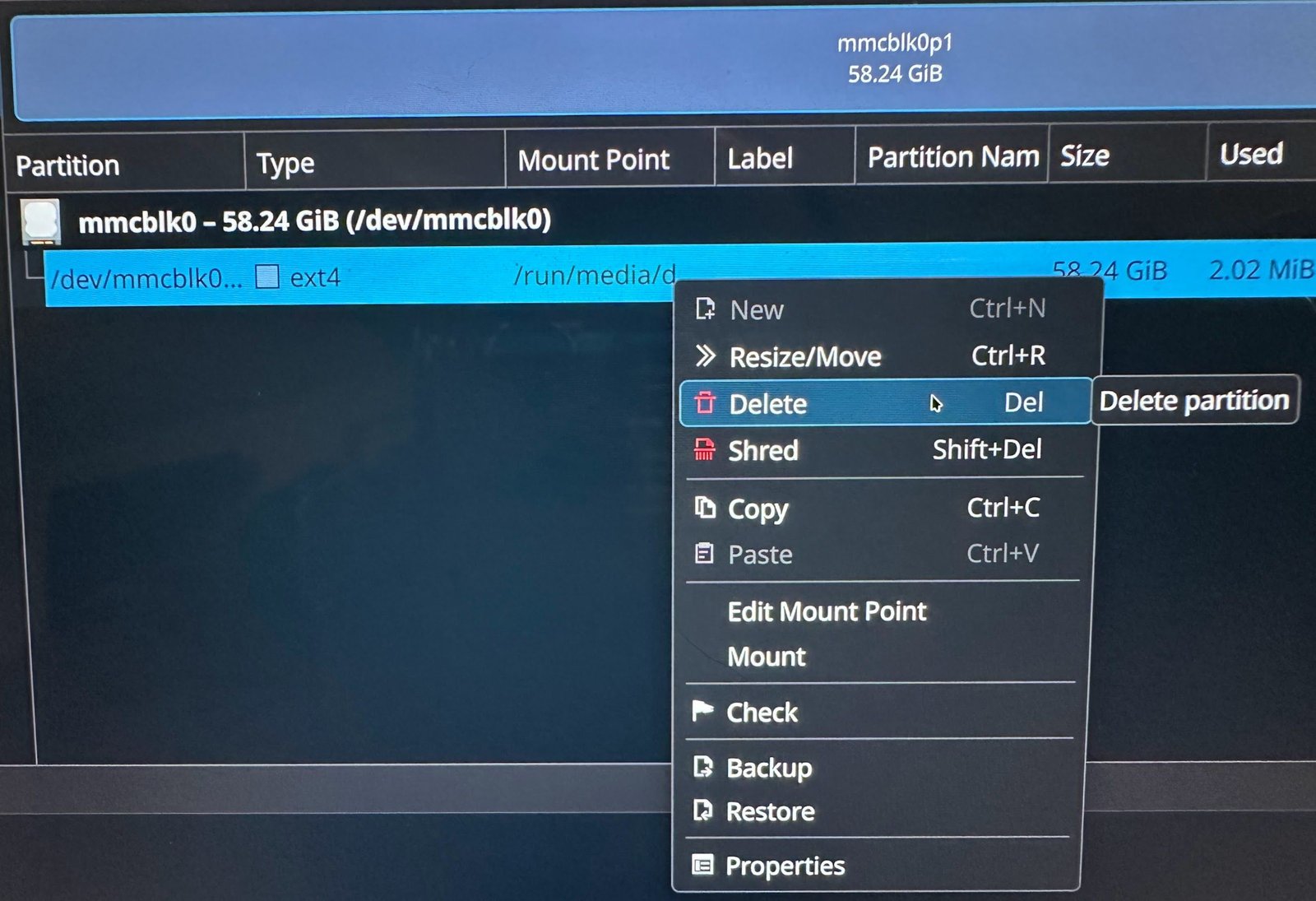 Suppression d'une partition dans KDE.