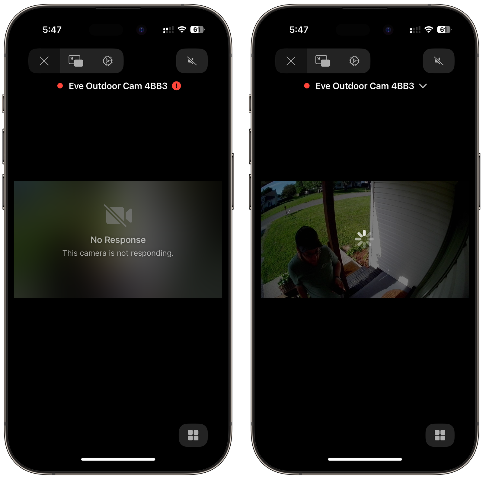 Captures d'écran de l'application Apple Home avec la caméra extérieure Eve ne se connectant pas.