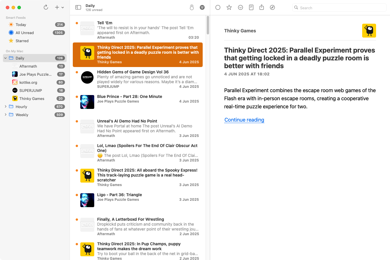 NetNewswire, une application Mac RSS montrant une liste de flux dans une colonne, une liste d'articles dans un autre et un article spécifique dans une colonne finale.