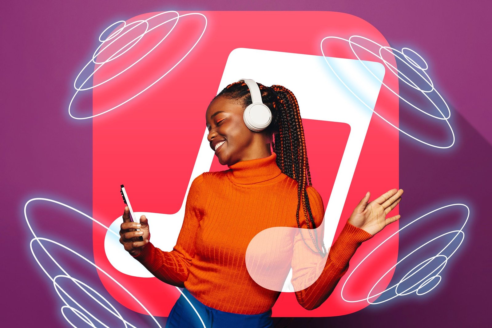 Une femme écoutant de la musique, l'Apple Music Logo en arrière-plan et des icônes audio spatiales.