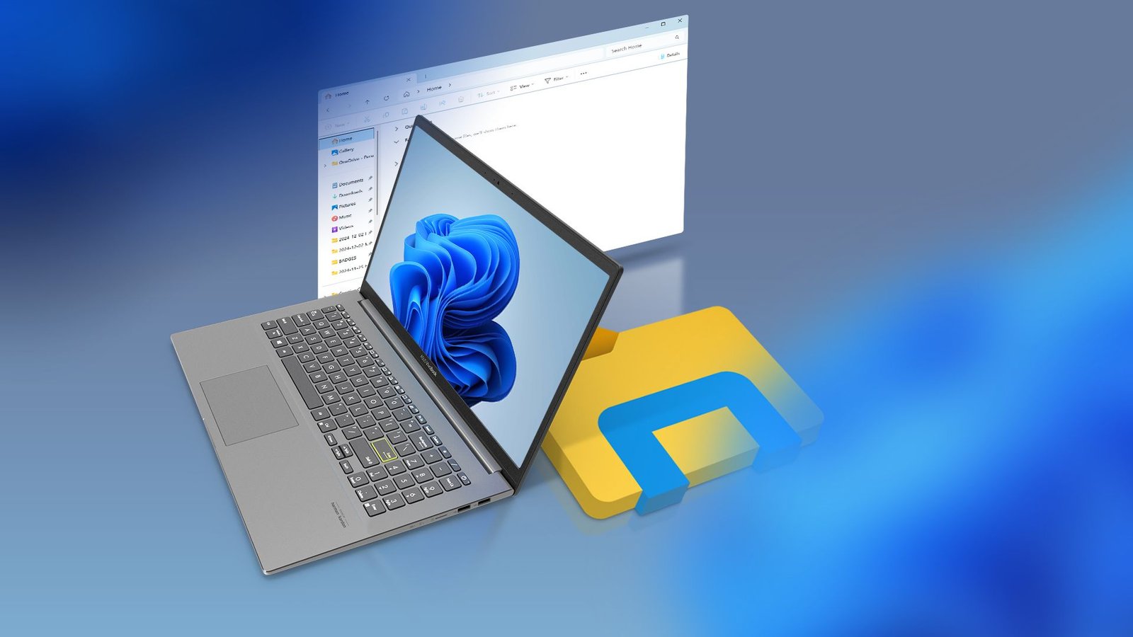 Un ordinateur portable avec Windows 11 et l'icône Windows Explorer à côté.