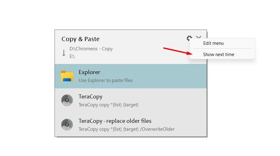 Afficher l'option de prochaine fois dans la fenêtre de confirmation Teracopy.