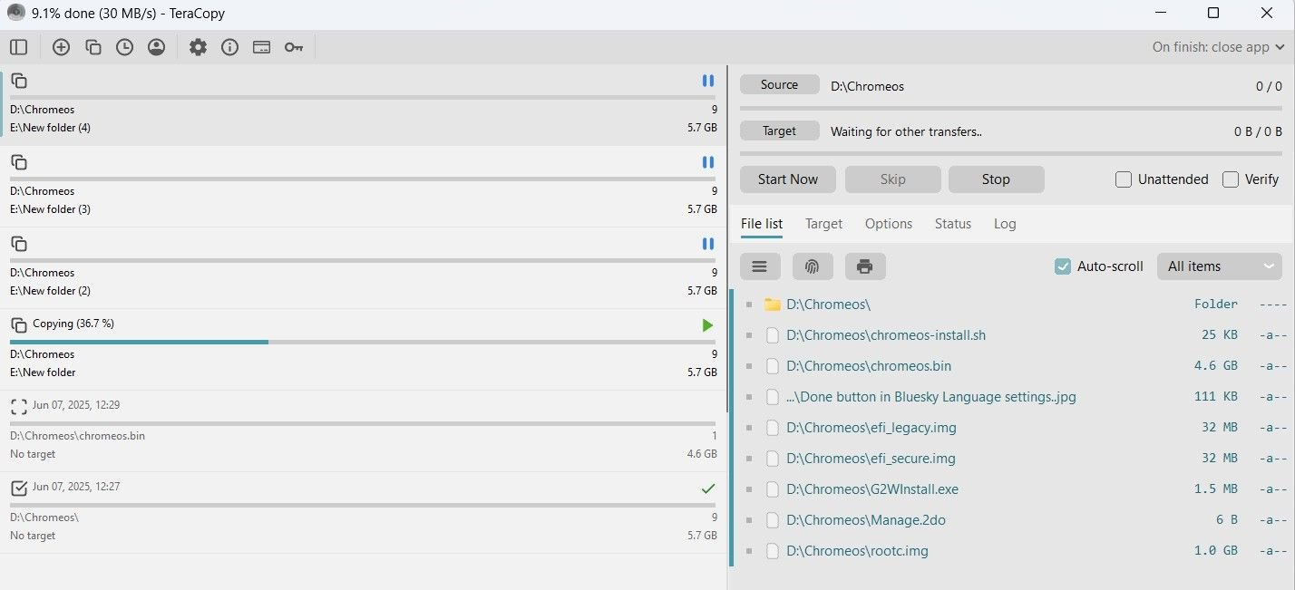 Fichier dans la file d'attente dans l'application Teracopy.