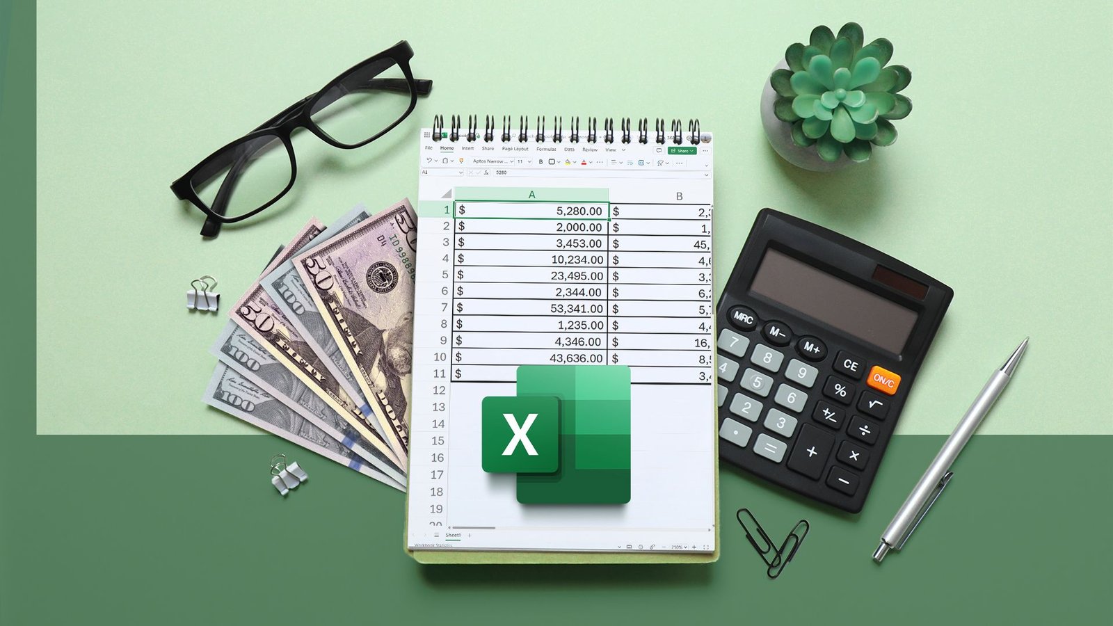 Vue de dessus d'un cahier avec une feuille de calcul Excel, une calculatrice, des billets d'un dollar et des lunettes à côté, avec le logo Excel au centre.