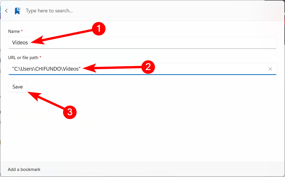 Ajout d'un signet dans la palette de commandes sur Windows.
