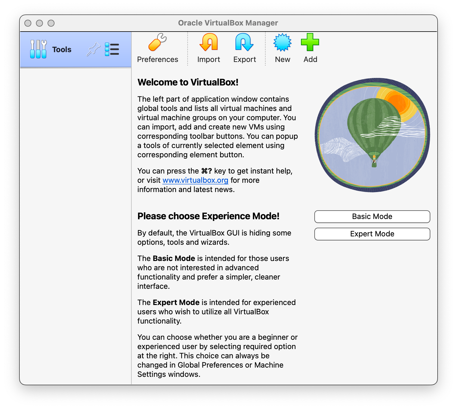 VirtualBox Manager fonctionnant sur Apple Silicon.