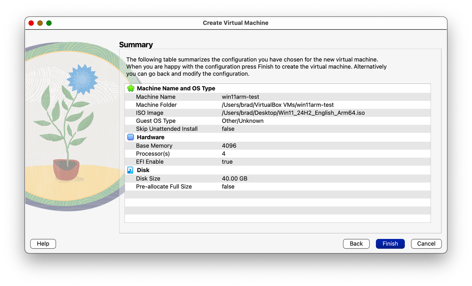 Résumé des paramètres de création d'une nouvelle machine virtuelle VirtualBox pour Windows 11 ARM sur Apple Silicon.