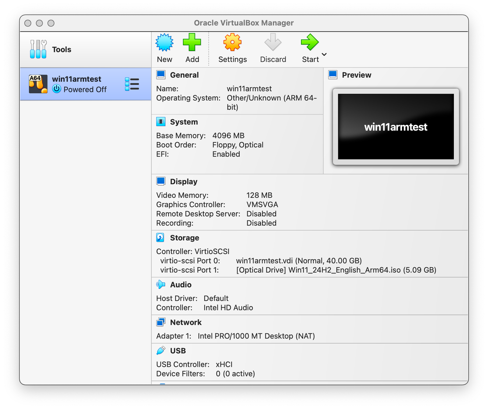Démarrage d'une machine virtuelle dans VirtualBox.