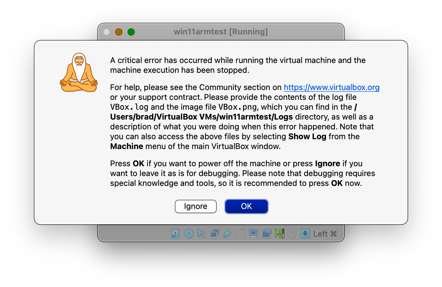 Windows 11 s'écrase immédiatement lors du démarrage dans VirtualBox sur le silicium Apple.