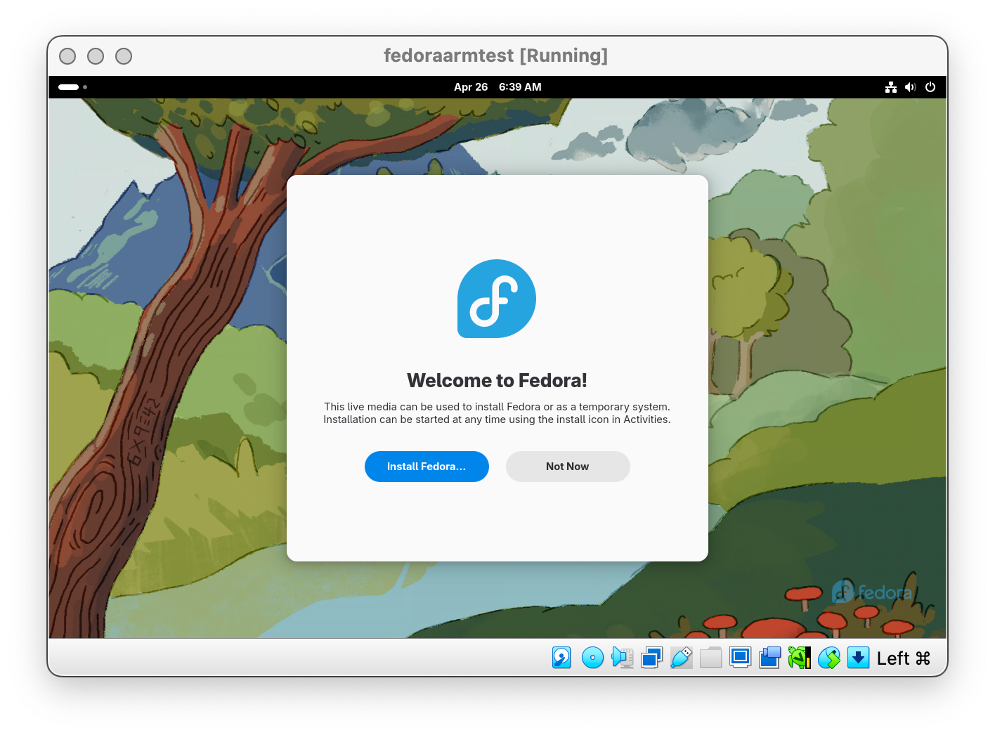 Démarrage du support d'installation de Fedora dans VirtualBox sur Apple Silicon.