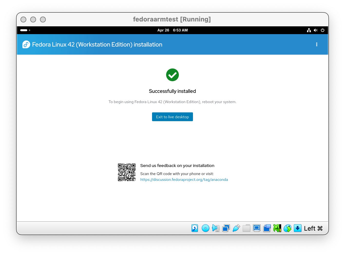 Fedora Linux a été installé avec succès dans VirtualBox sur Apple Silicon.