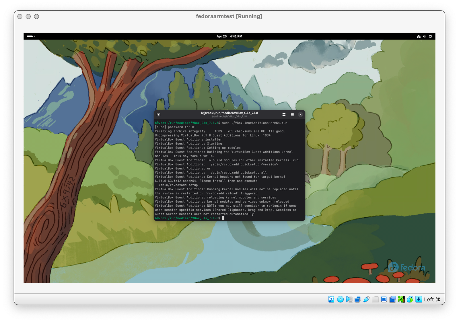 VirtualBox Guest Edition installé avec succès dans Fedora, exécutant dans VirtualBox sur Apple Silicon.