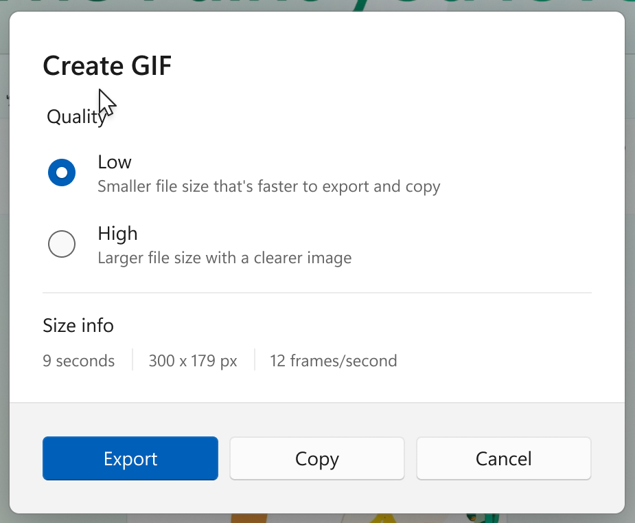 Les options d'exportation pour les GIF dans le nouvel outil de snipping.