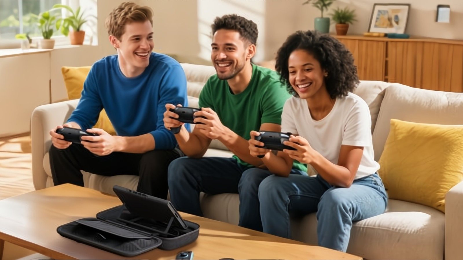 Nintendo Switch 2 Charging Case utilisé par trois personnes sur un canapé.