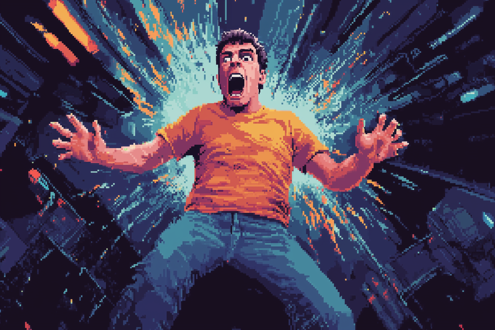 Pixel Art d'un homme hurlant alors qu'il rayonnait.