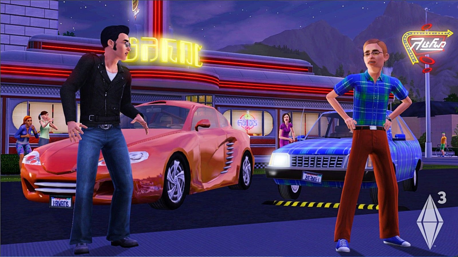 Les Sims 3 deux sims près les uns des autres lors d'un dîner, l'un un nerd et l'autre un jock-2