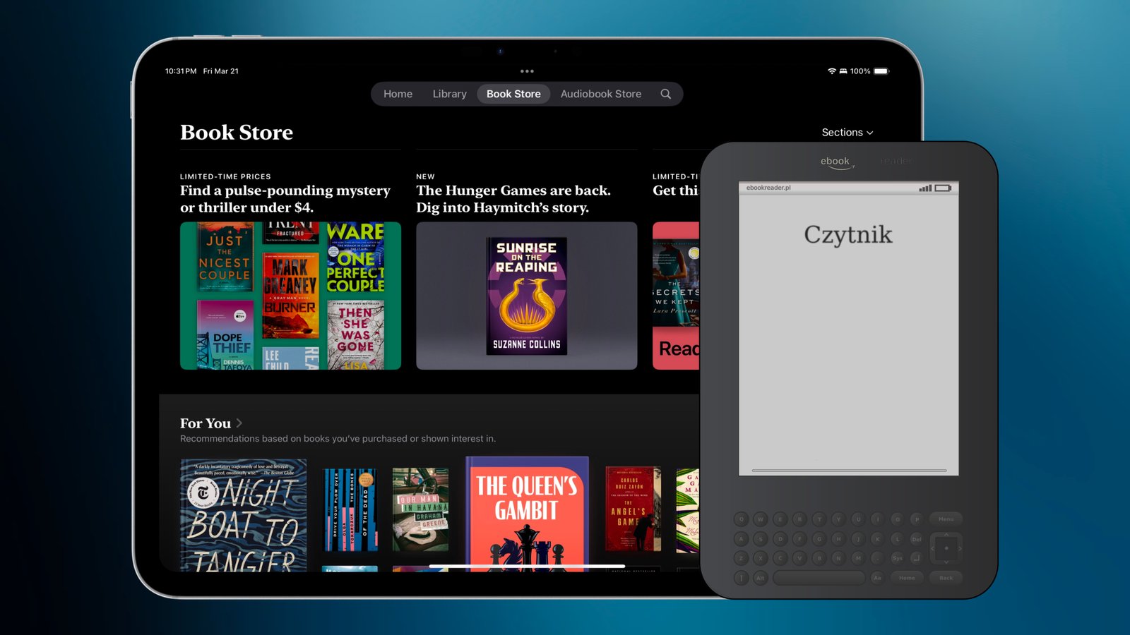 Un iPad présentant l'application de livres à côté d'un liseur de liserie.