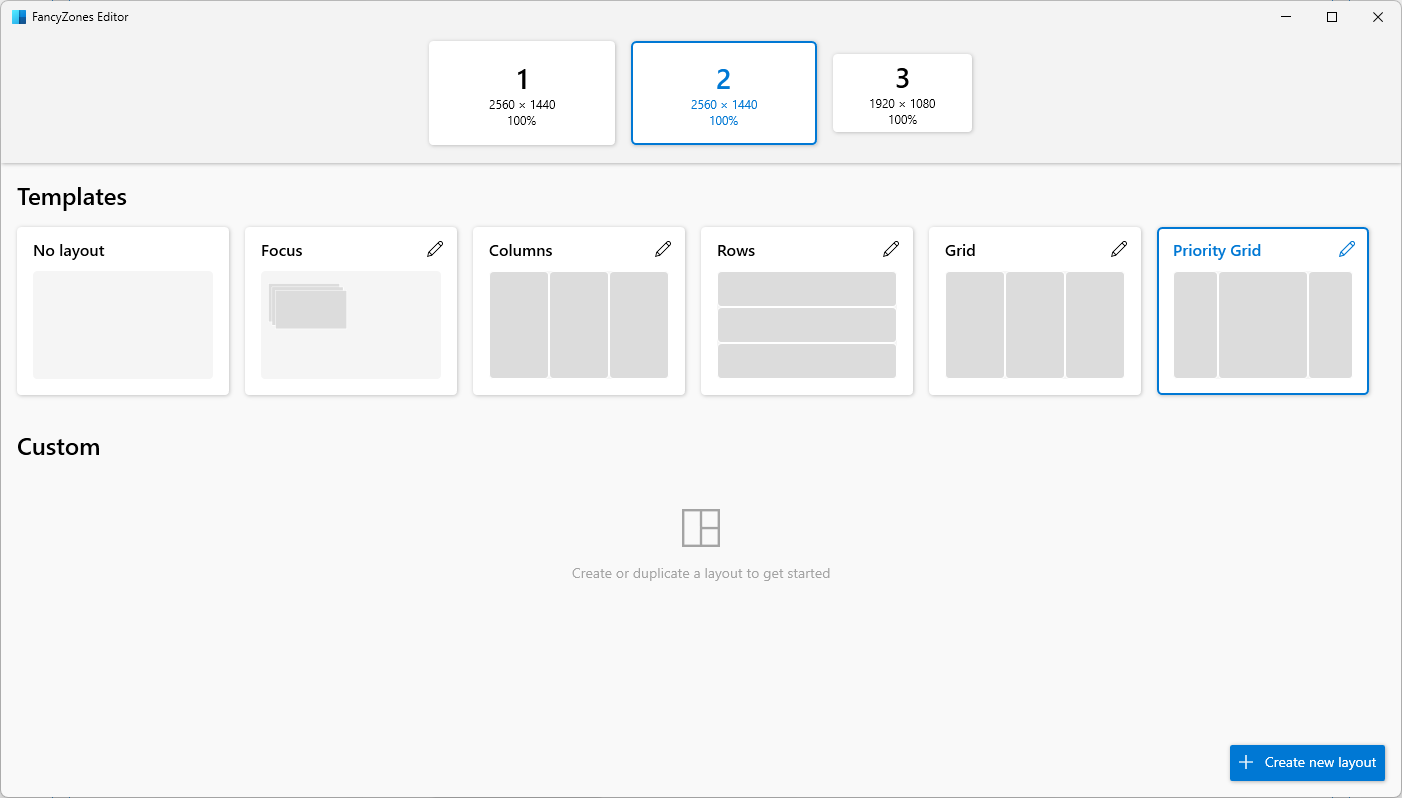 Les options par défaut dans FancyZones pour Windows 11. 