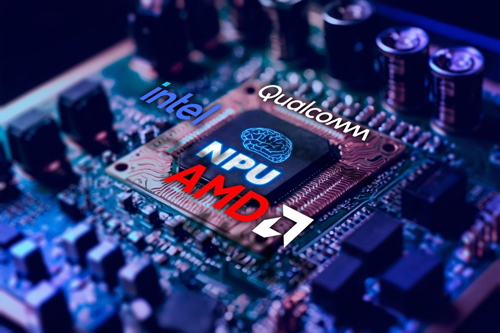 Un processeur avec le texte «NPU» et les logos d'Intel, AMD et Qualcomm.
