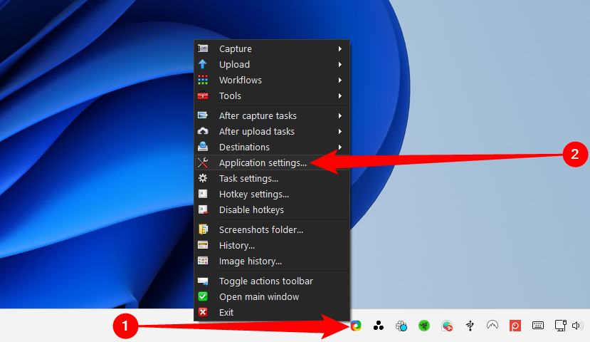 Cliquez avec le bouton droit sur l'icône Sharex, puis sélectionnez "Paramètres d'application." 