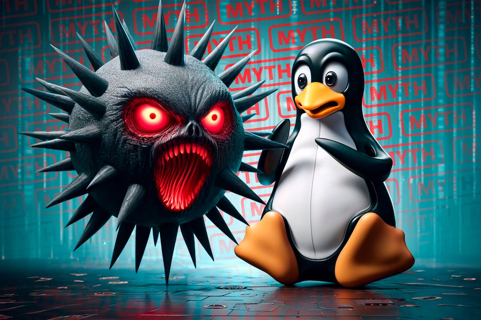 Tux Linux a peur de regarder un virus