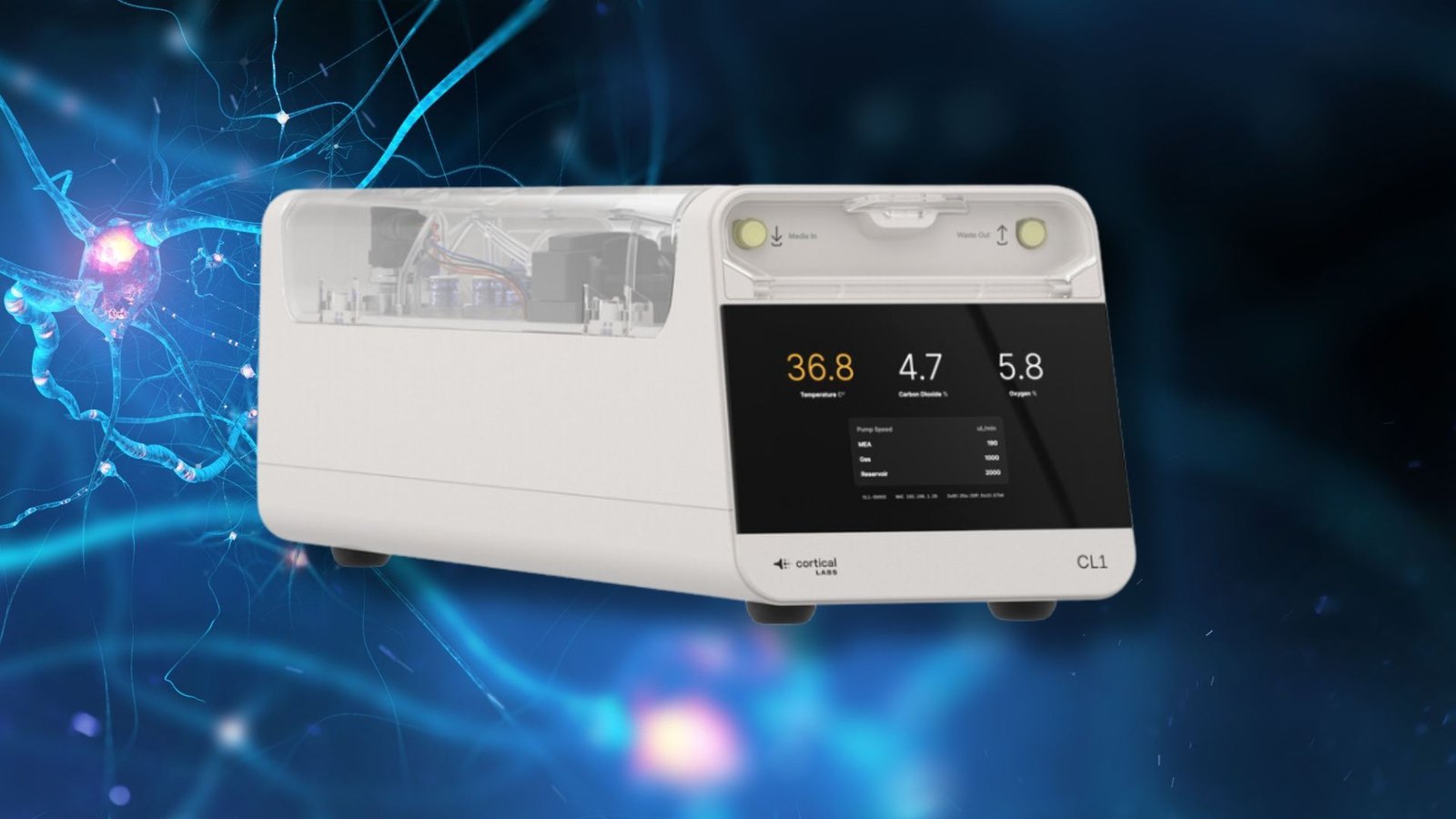 Un ordinateur Cortical Labs CL1 sur fond de neurones.