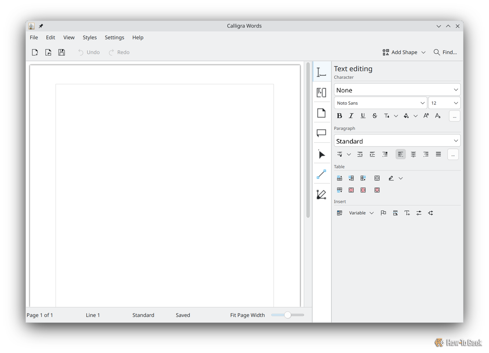 L'interface des mots calligra sur Kubuntu. 