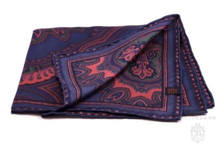 Silk Pocket Square en bleu foncé avec orange, grand motif de paisley vert - Fort Belvedere
