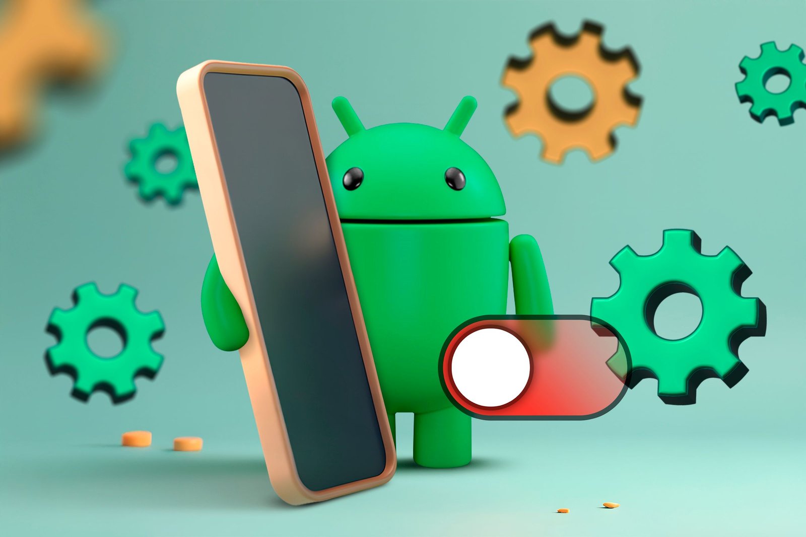 La mascotte Android avec un téléphone, des icônes de paramètres et un basculement à bascule autour de lui.