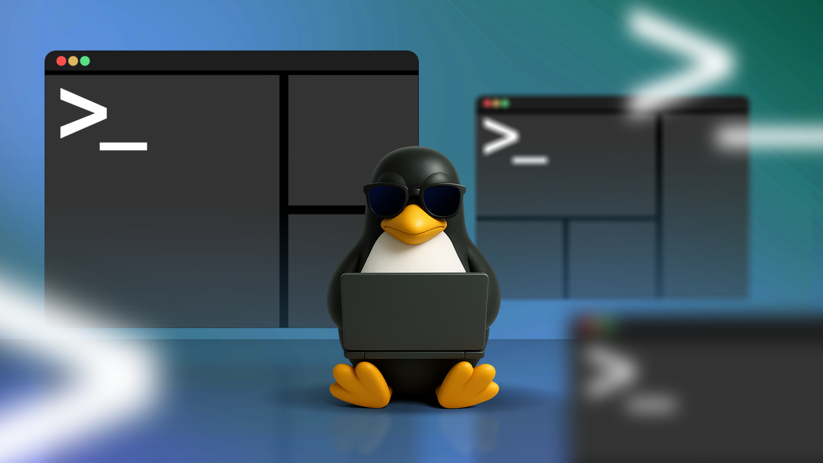 Linux Mascot à l'aide d'un ordinateur portable avec des bornes multiplexeur autour de lui.
