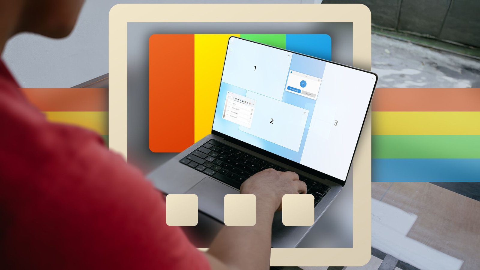 Un homme utilisant un ordinateur portable avec la fonctionnalité FancyZones a mis en évidence et le logo PowerToys en arrière-plan.