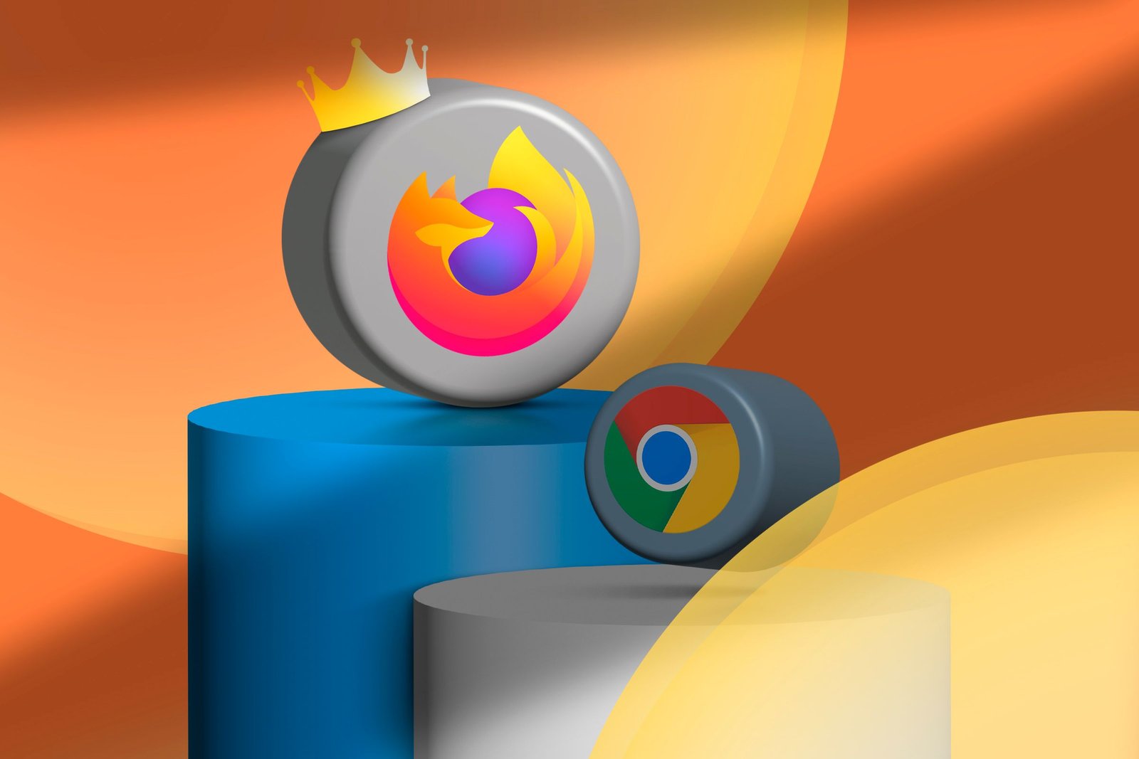 Un podium avec les icônes Firefox et Chrome, et Firefox portant une couronne.