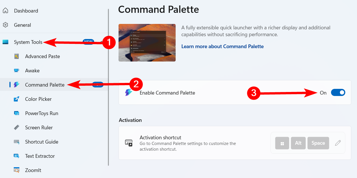 Activation de la palette de commandes dans Windows.