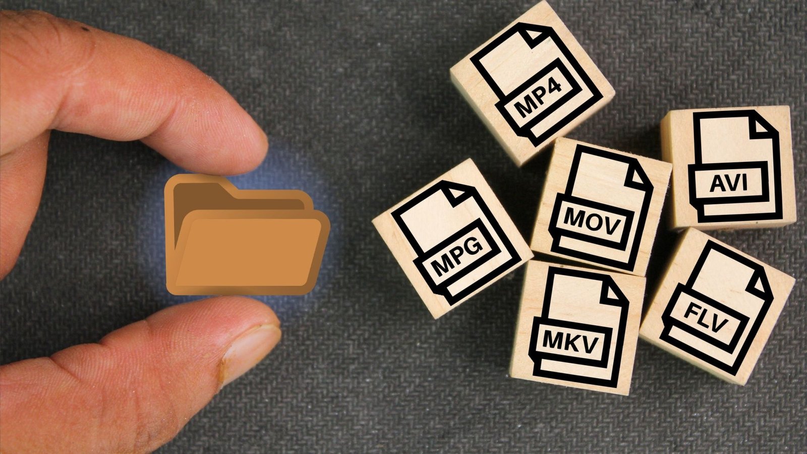 Six formats de fichiers vidéo, à savoir MP4, AVI, FLV, MOV, MKV et MPG avec des dossiers.