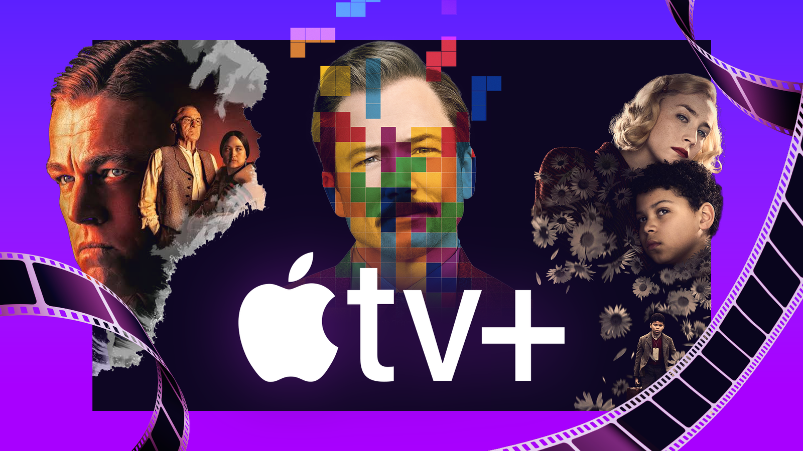 Apple TV + Logo avec couvertures de films en arrière-plan et des bandes de cinéma.