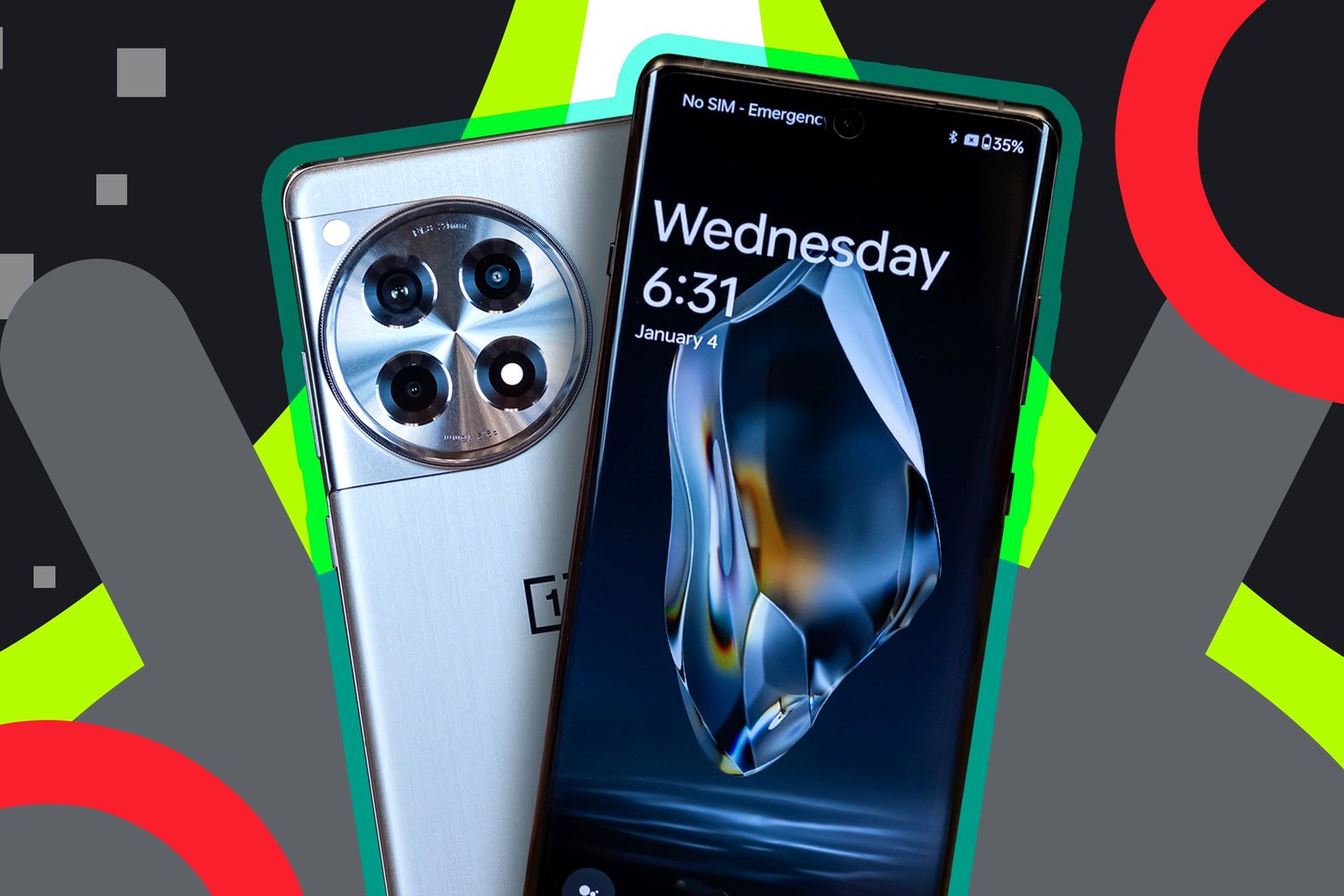 OnePlus 12R avec un fond Android 15.