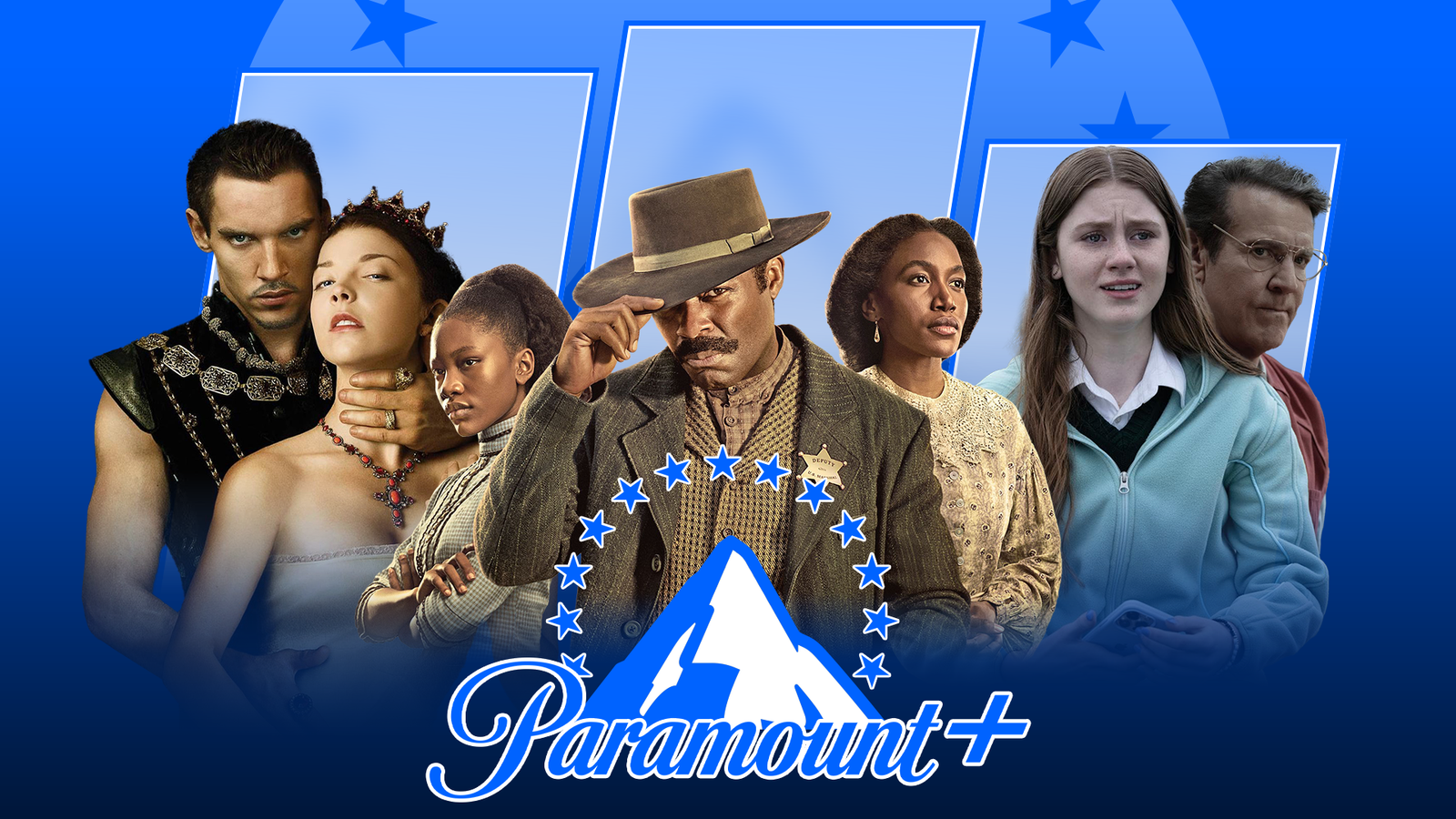 Certains personnages de l'émission de télévision et le logo Paramount + au centre.
