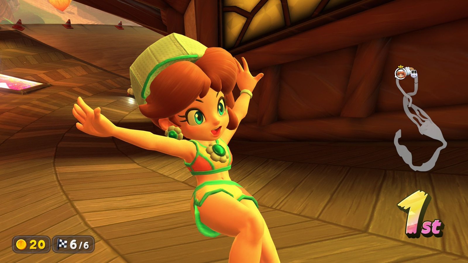 Daisy remportant une tournée à élimination directe dans Mario Kart World.