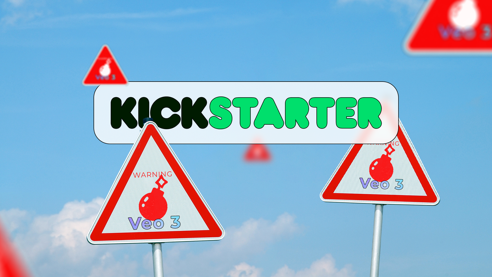 Logo Kickstarter avec plusieurs panneaux d'avertissement mettant en vedette une bombe et le texte «Veo 3».