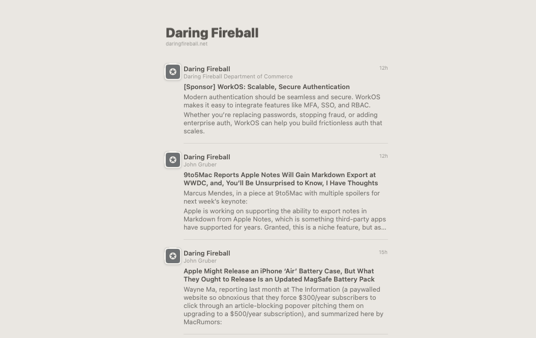 Une liste des messages du site Web Daring Fireball, chacun montré avec un titre, une description et une date de publication.