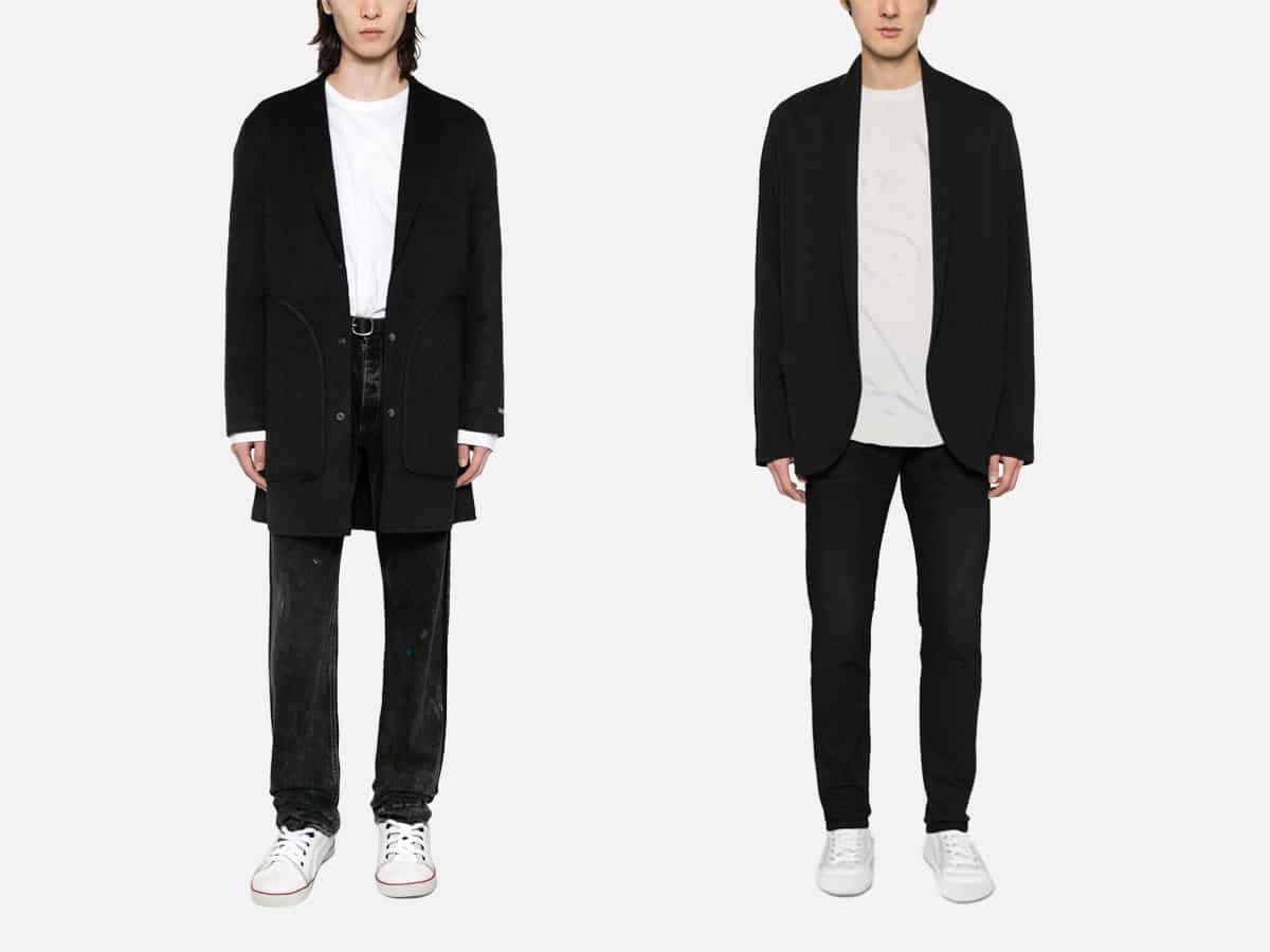 Collage de deux hommes en jean noir, chaussures blanches, blazer en lin noir et t-shirt blanc