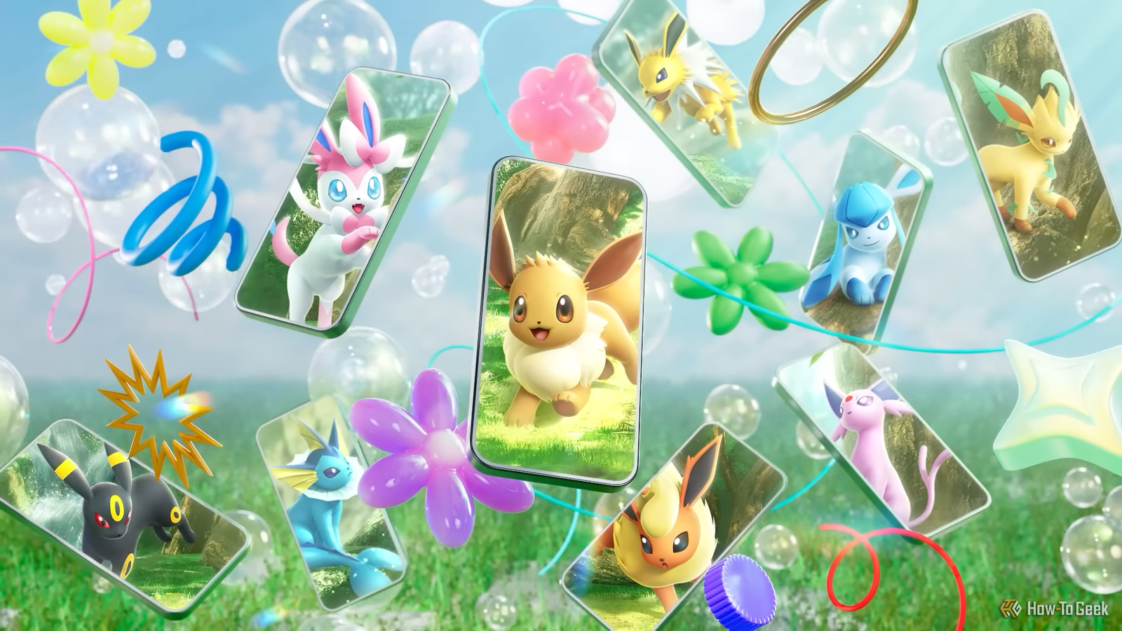 Eevee et ses évolutions sur les écrans en forme de téléphone pour l'extension de poche Pokemon TCG Eevee Grove.