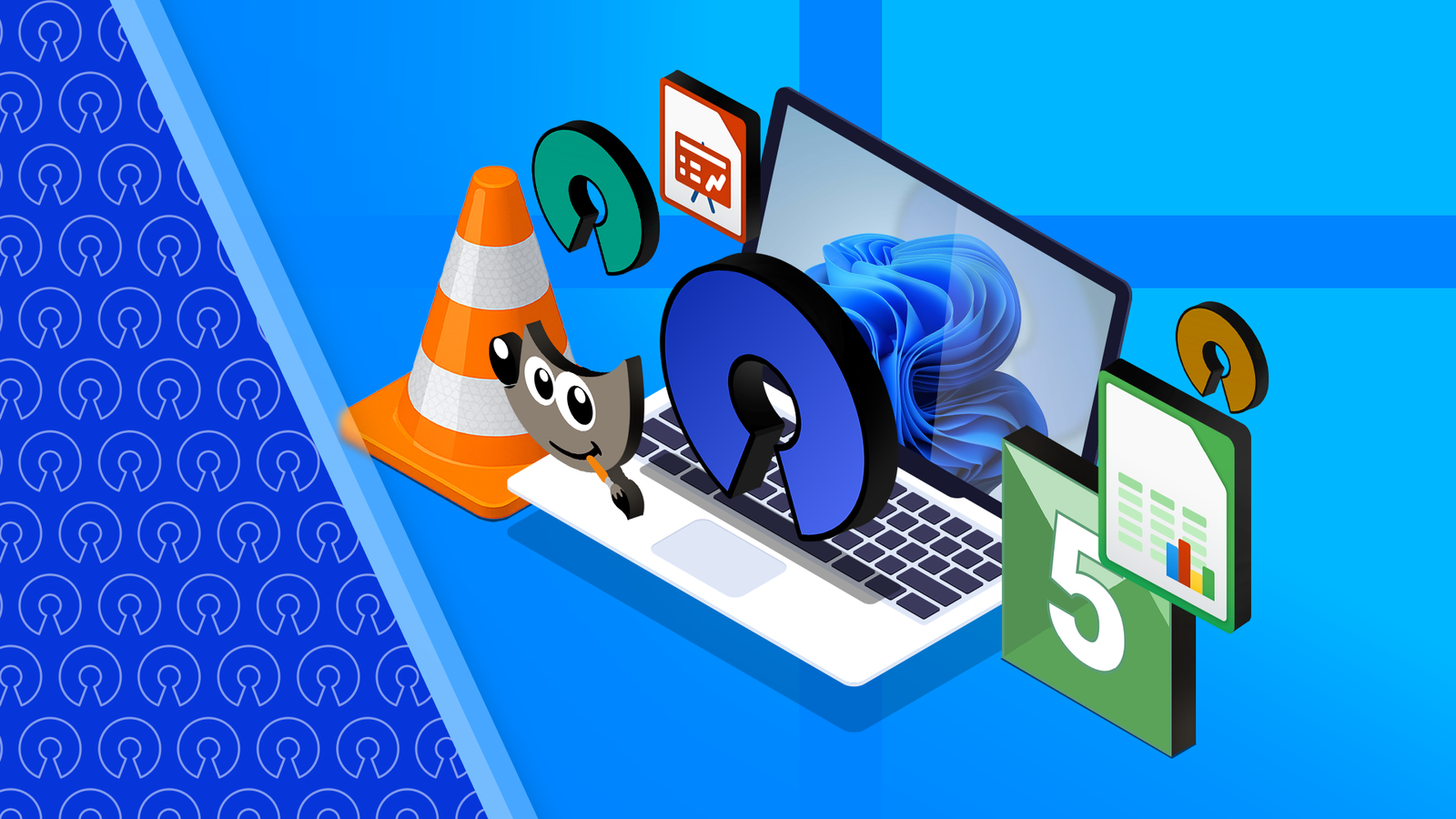 Illustration d'un ordinateur portable Windows 11 et logos de certaines applications open source autour de lui.