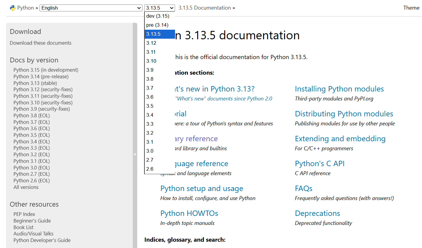 Menu de sélection de versions déroulant Python Docs.