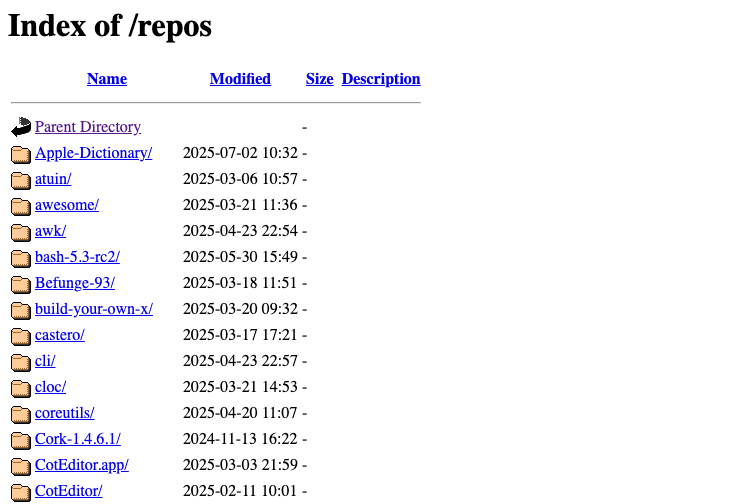 Une liste du répertoire Apache par défaut affichant plusieurs dossiers hyperlienne avec des dates de modification. 