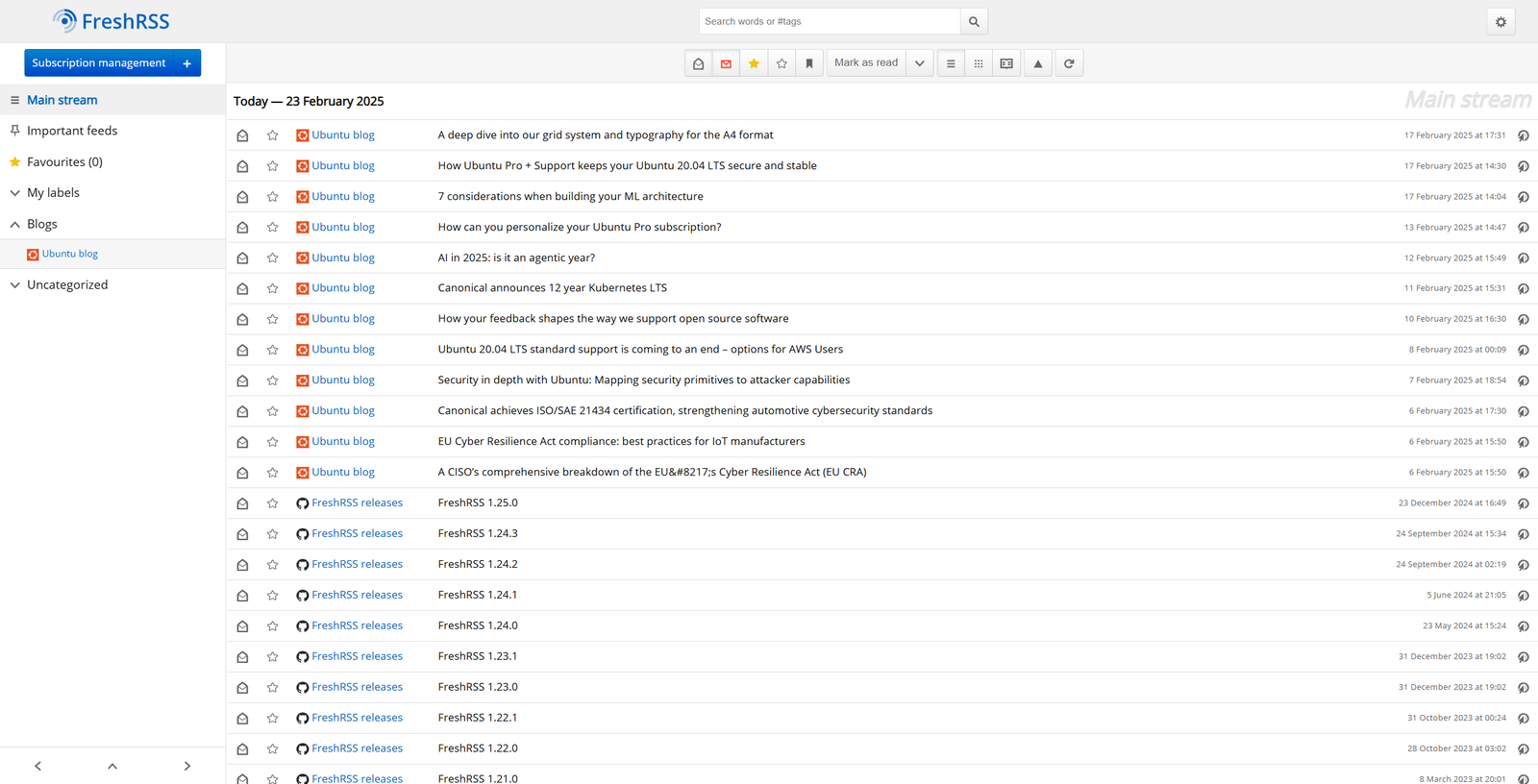Une liste des articles RSS, y compris les entrées de blog et les versions de logiciels.