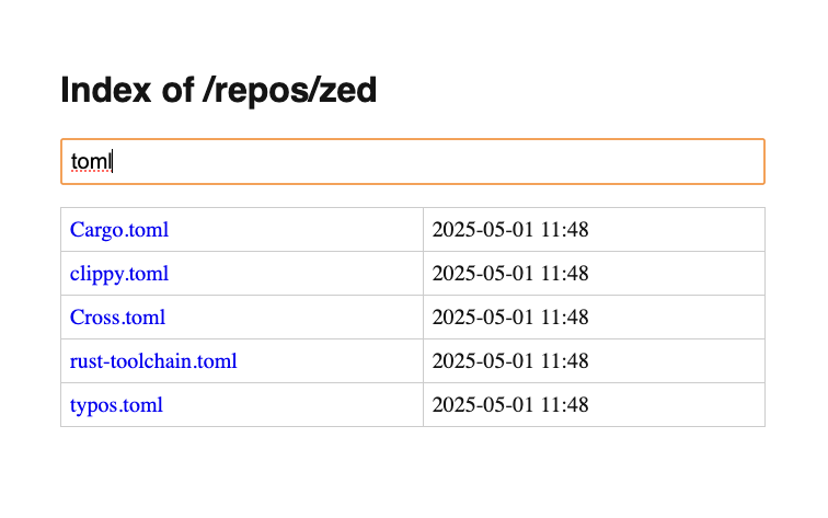 Une liste du répertoire Apache avec des styles personnalisés et une zone de recherche.