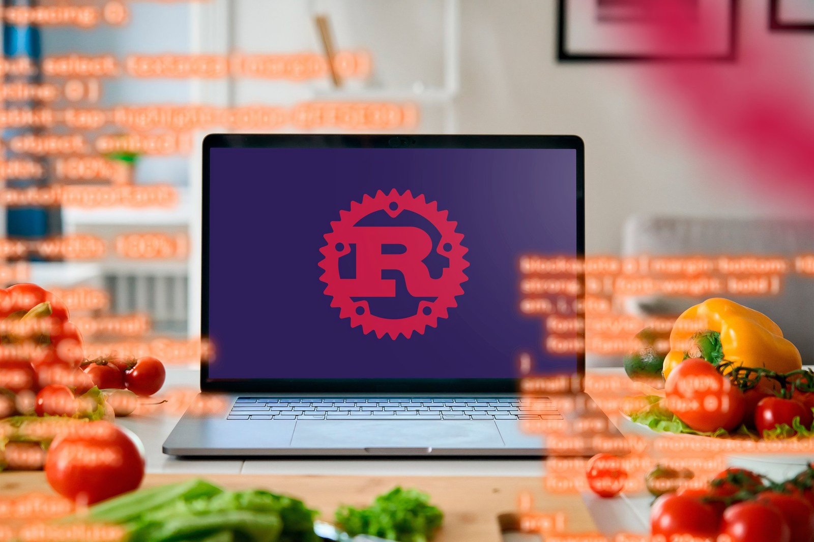 Un ordinateur portable sur une table avec des ingrédients autour d'elle et le logo Rust à l'écran.